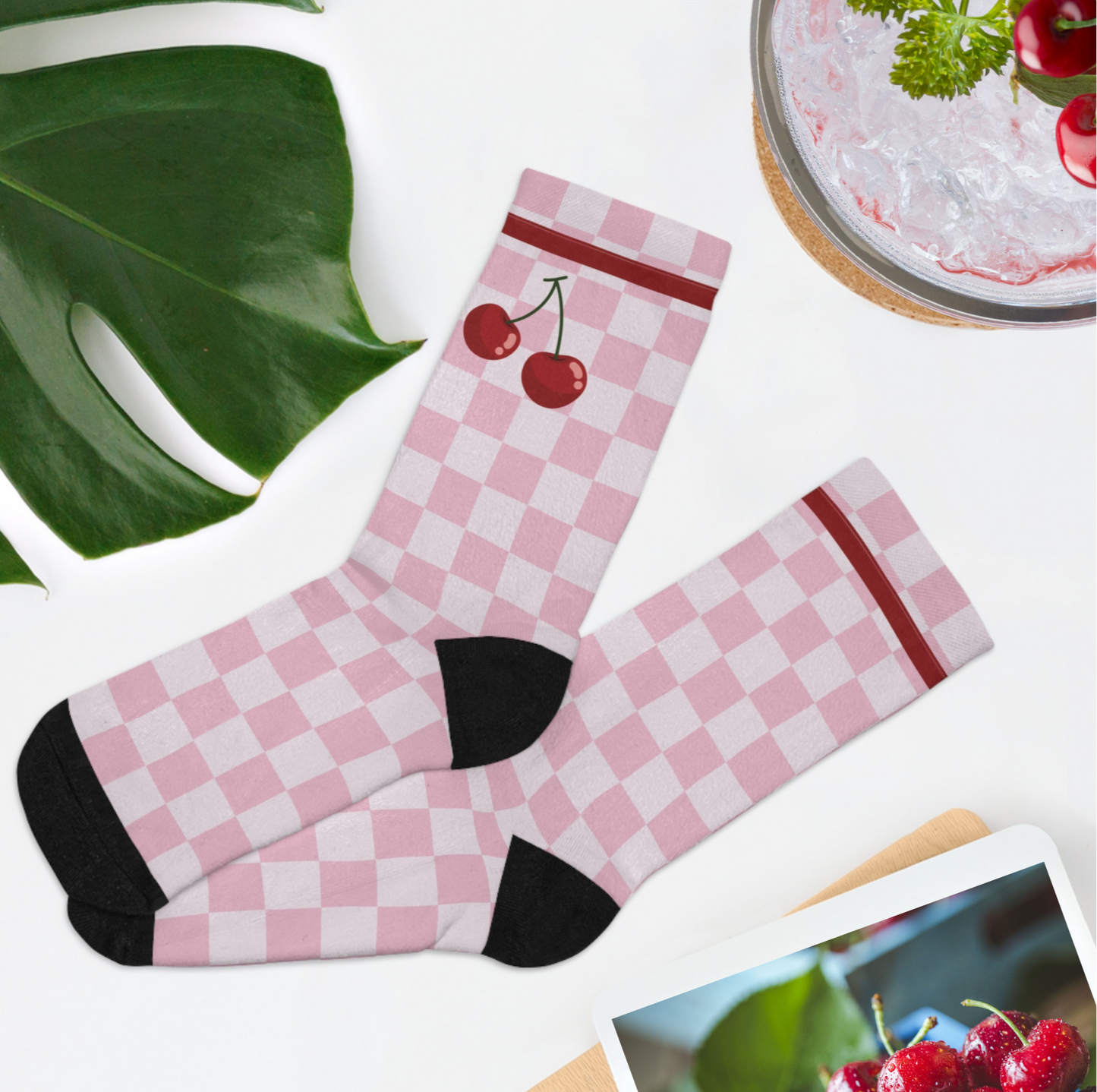 Cherries in Check: Pink Checkerboard Socks for a Sweet Vibe!